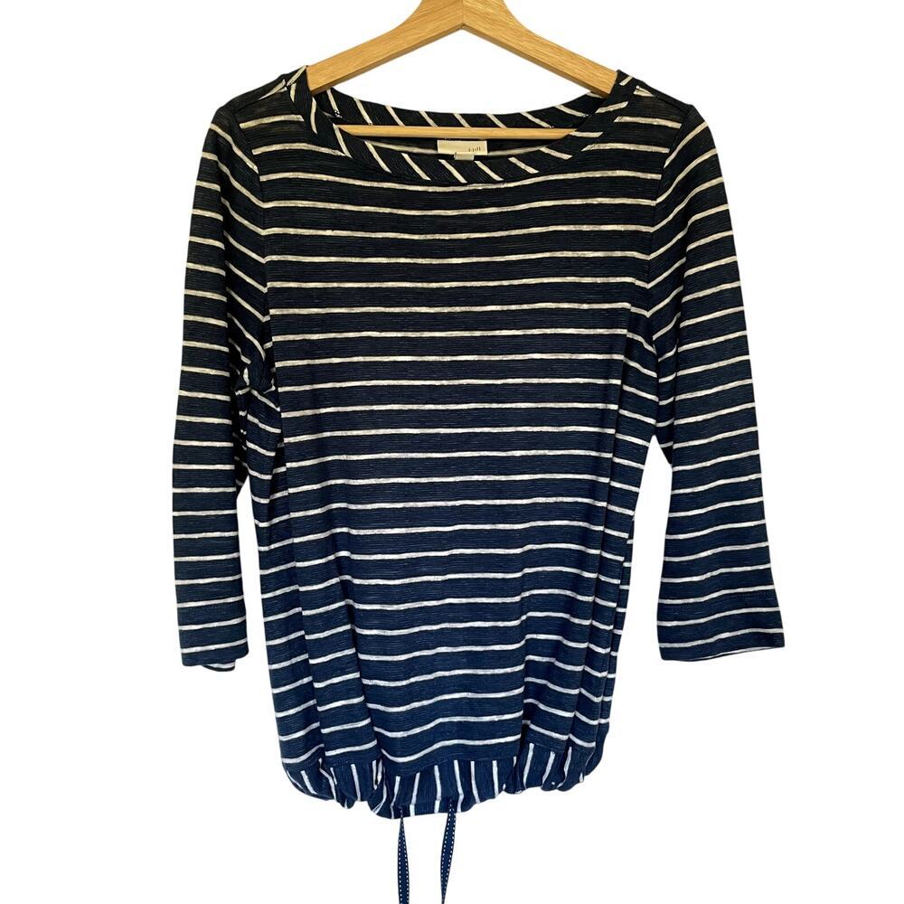 J.Jill linen blue white striped blouse elastic waist boat neck women's medium